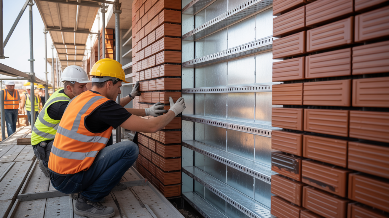Installation of ventilated facade with brick cladding on a building site
