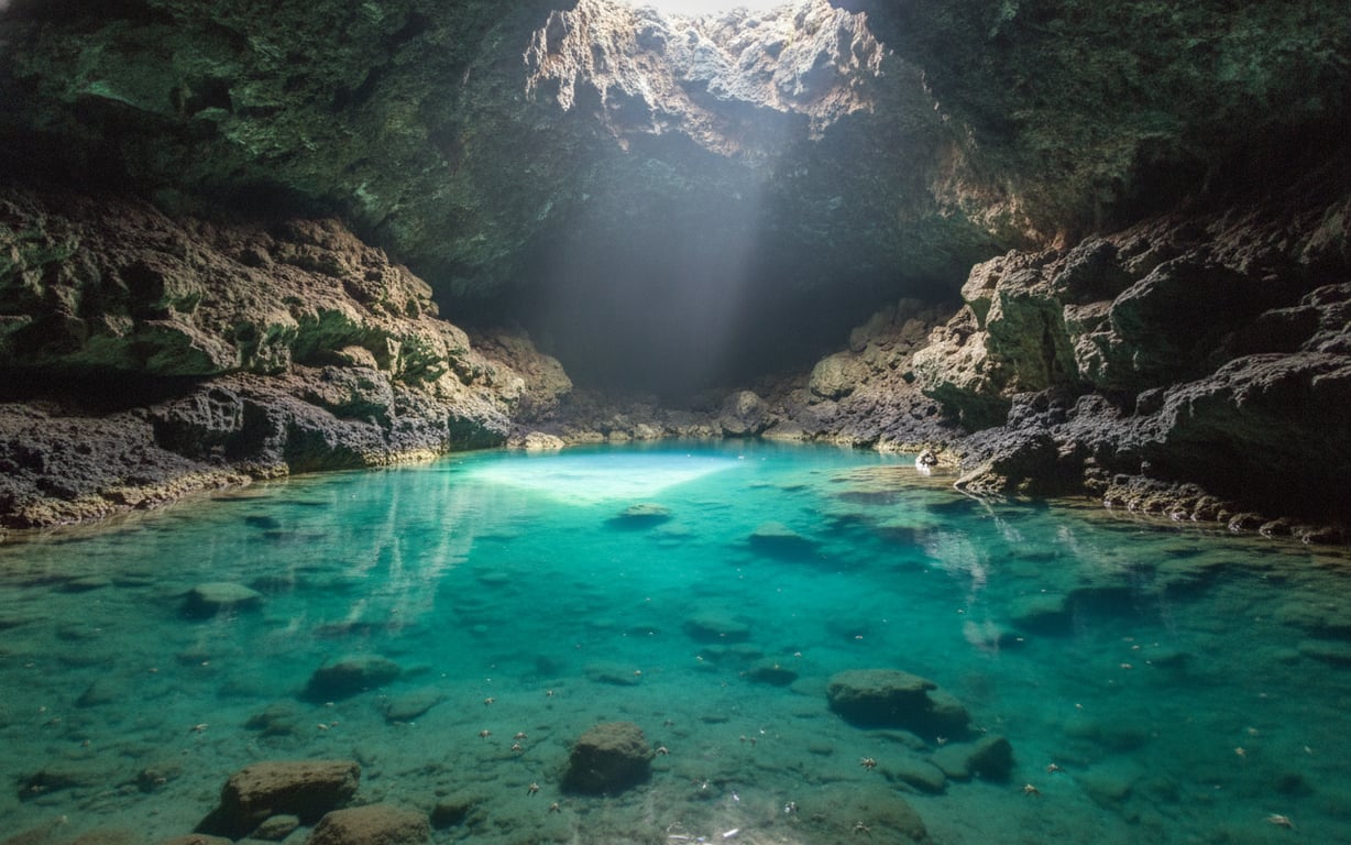 Lagună subterană cu apă limpede în peștera Jameos del Agua din Lanzarote