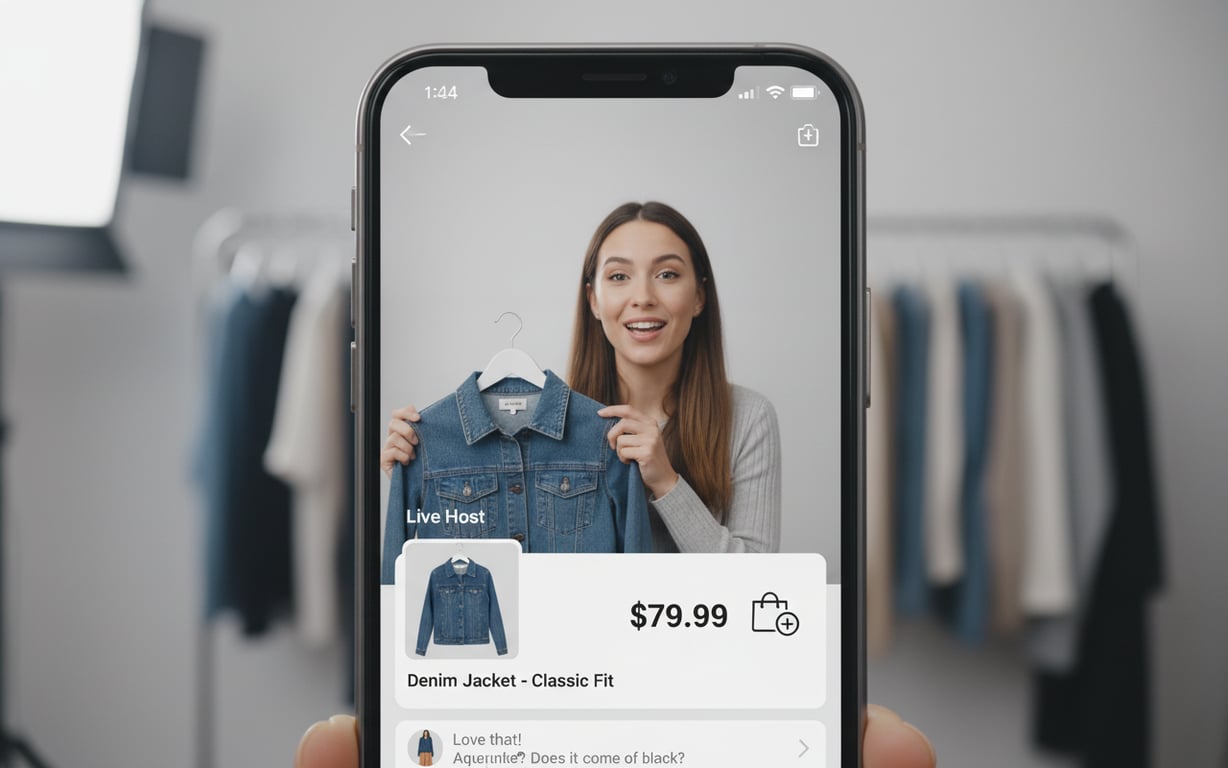 Close-up of a smartphone screen showing a pinned product card during a live shopping broadcast