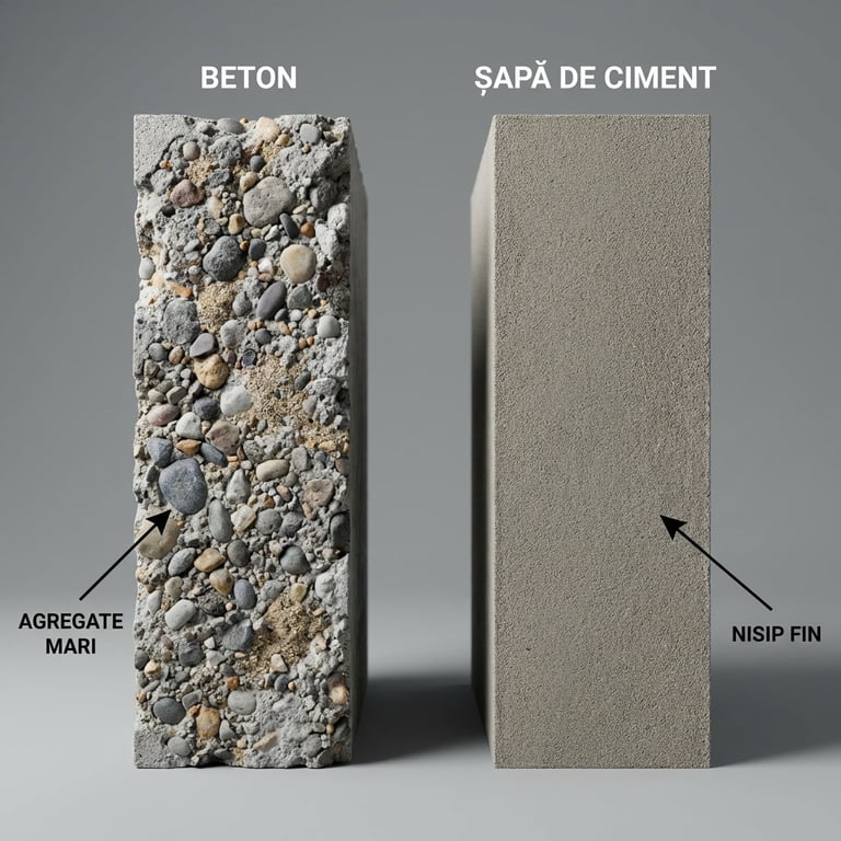 Comparație vizuală între structura betonului cu agregate grosolane și șapa fină de ciment