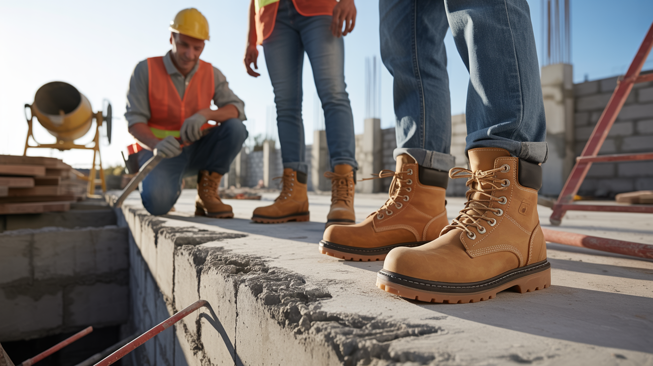 Workers wearing safety boots in a construction site, focus on footwear