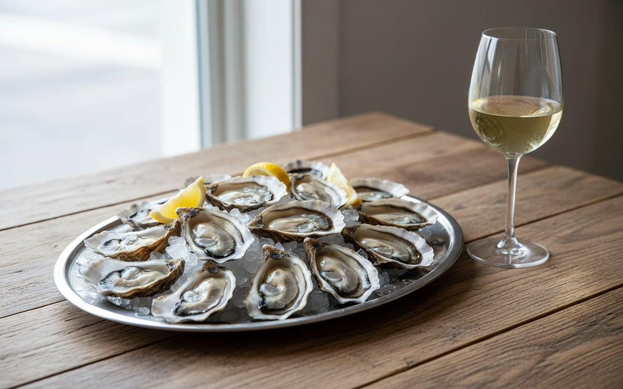 Platou cu stridii proaspete din Arcachon servite alături de vin alb sec