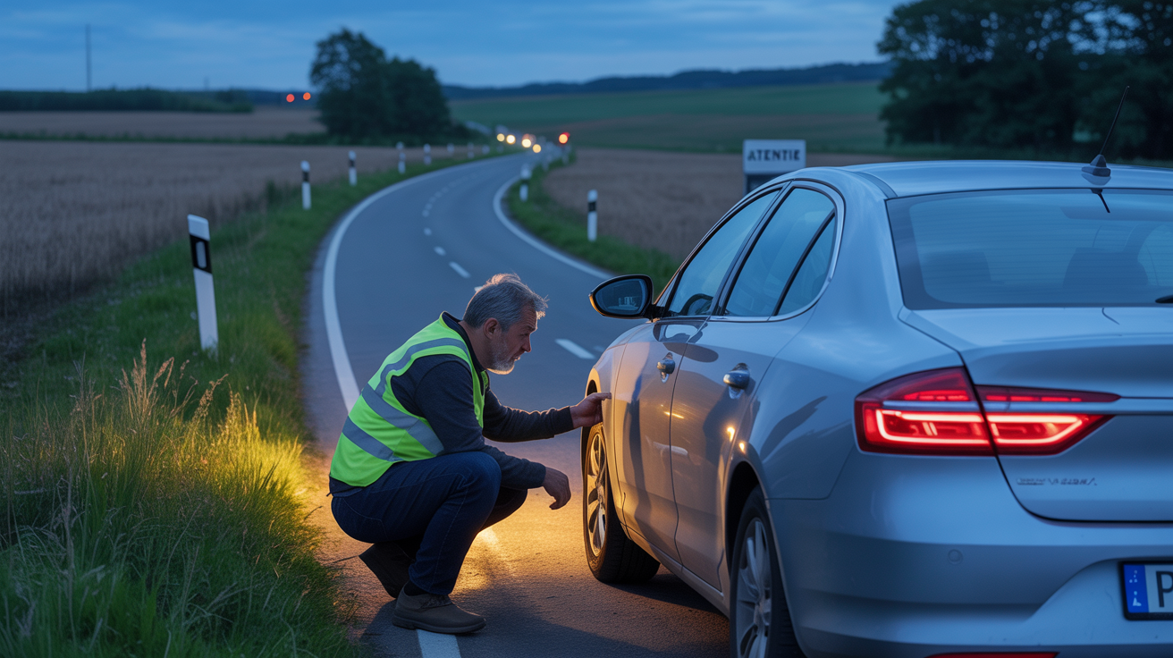 Sofer purtand vesta reflectorizanta langa o masina oprite pe marginea drumului