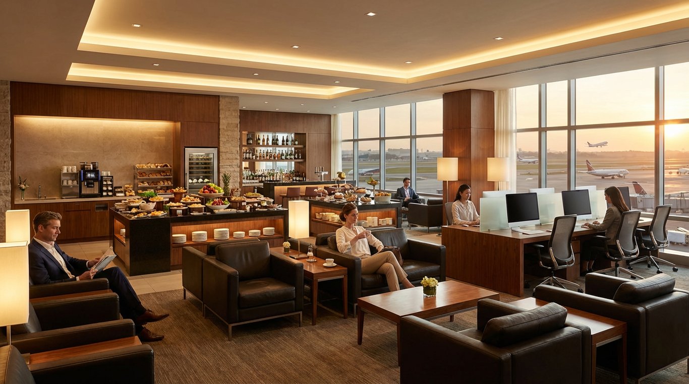 Interior luxos de lounge premium în aeroport cu zone de relaxare și mese
