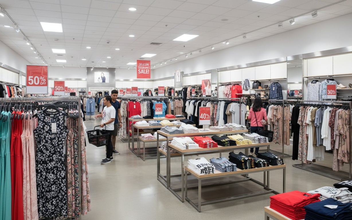 Modern clothing outlet store interior with discounted fashion merchandise displays