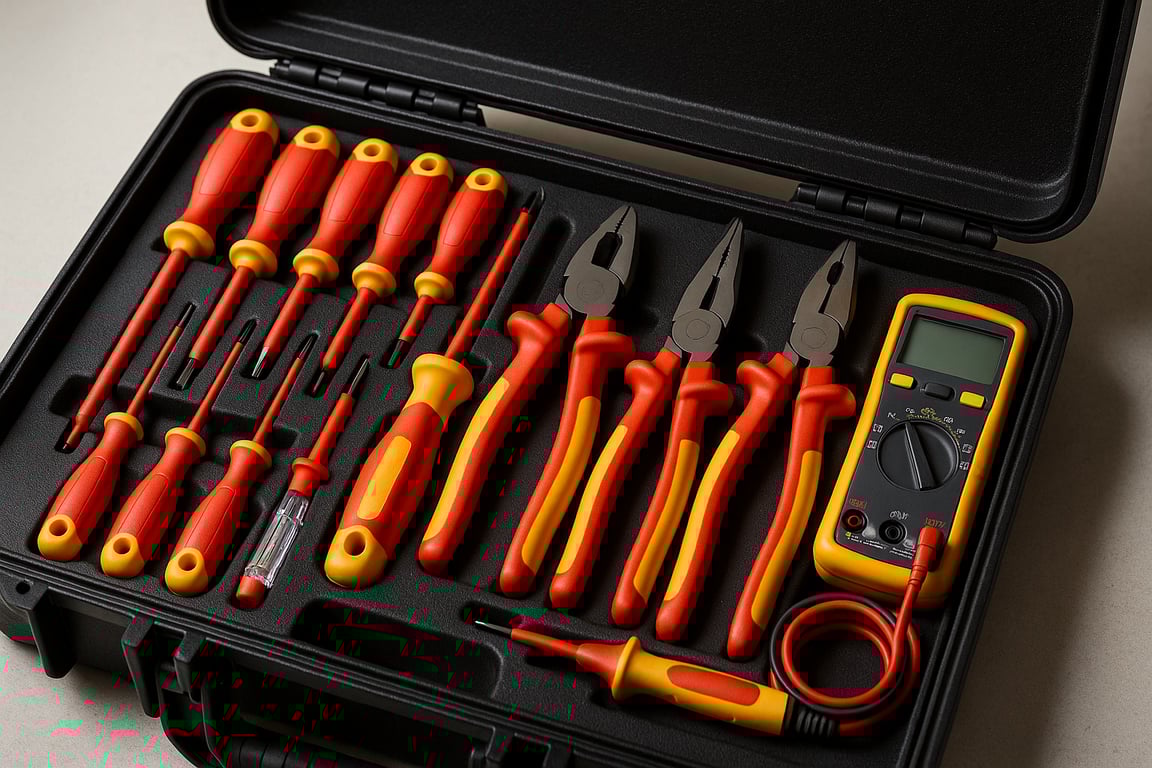 A well-organized electrician's toolkit with various insulated tools, including screwdrivers, pliers, a multimeter, and voltage tester, neatly arranged in a durable case, bright lighting, focus on the tools and their organization, emphasizing the importance of having the right equipment for the job.