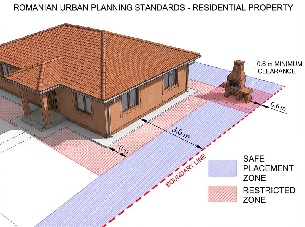 Diagramă ilustrând distanțele legale minime între grătar, casă și linia de hotar conform Codului Civil