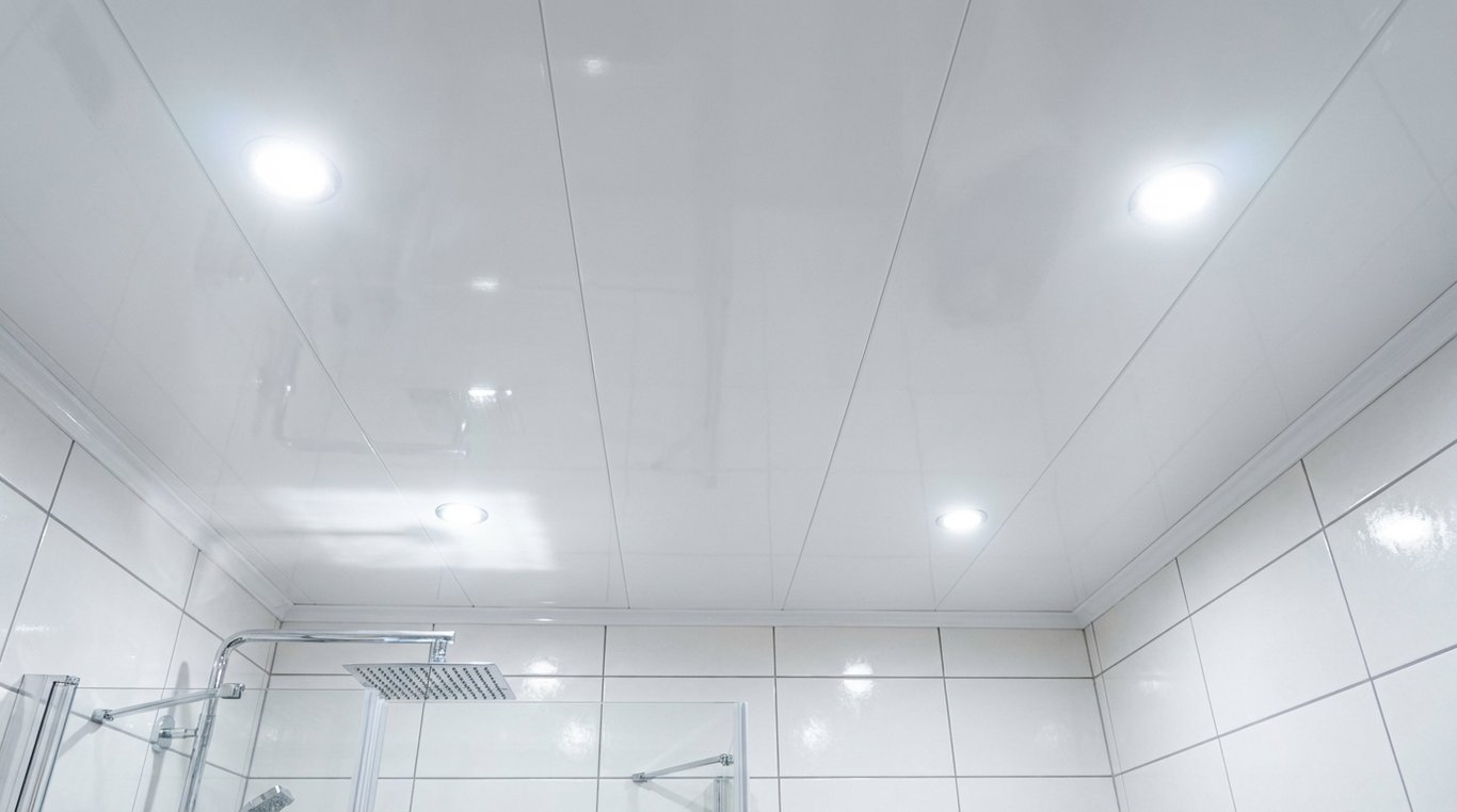 Lambriu PVC alb montat pe tavanul unei băi moderne cu finisaj lucios