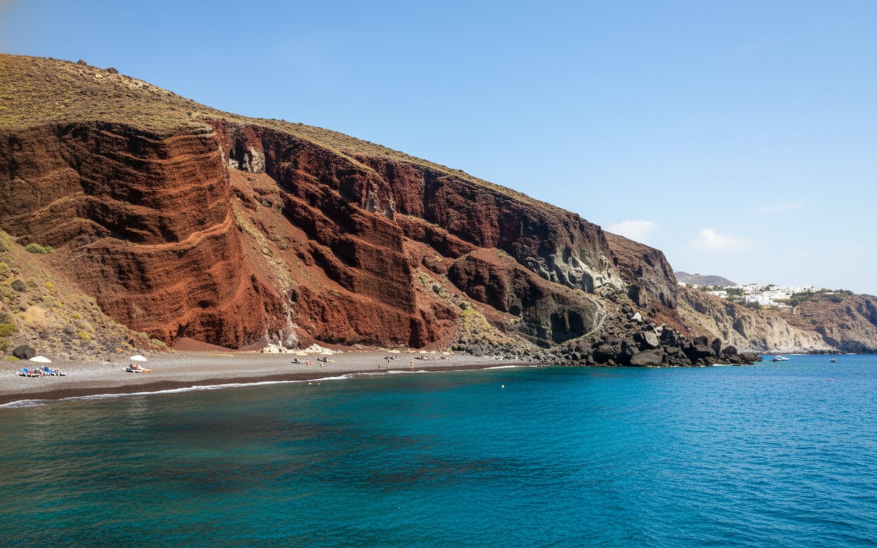 Red Beach Santorini cu stânci vulcanice roșii și apă albastră cristalină