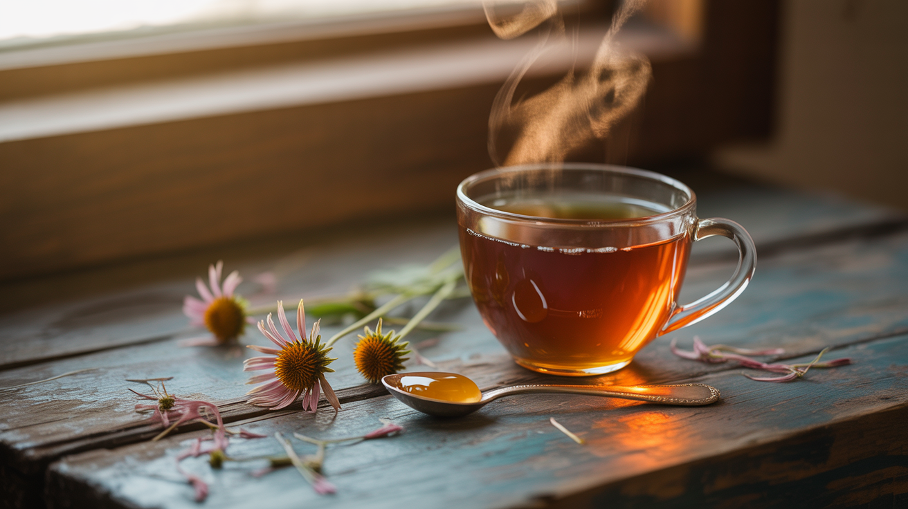 Cana aburindă cu ceai de echinaceea, linguriță cu miere alături