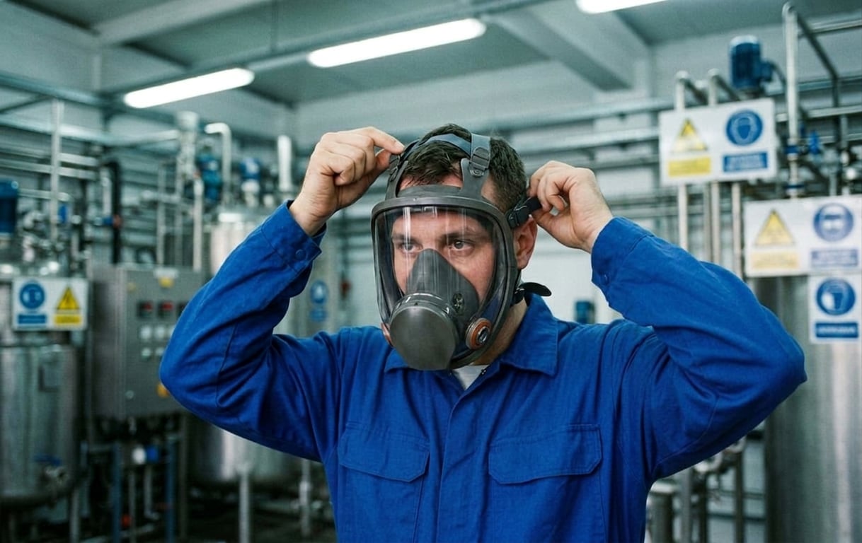 Lucrator industrial echipand corect o masca de gaze in mediu de lucru chimic