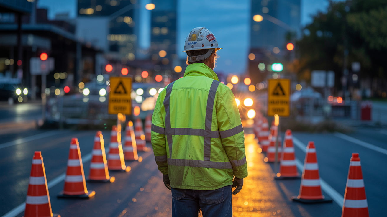 Construction worker wearing a high-visibility reflective work jacket at night