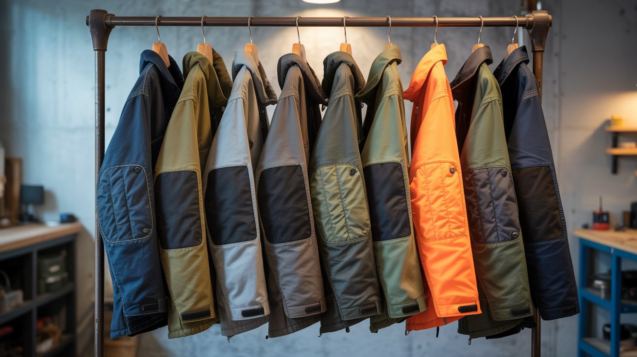 Diverse work jackets hanging, showcasing different features and materials