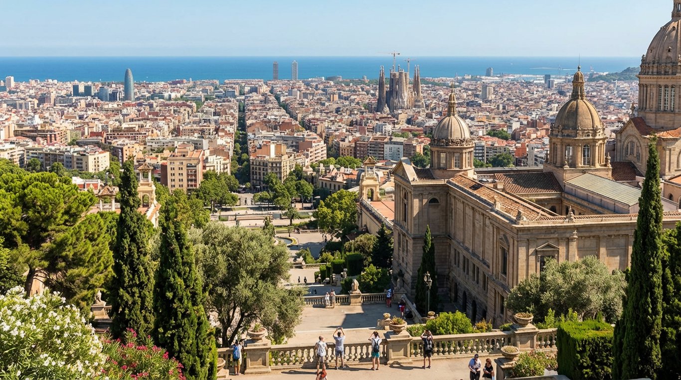 Vedere panoramică Barcelona de pe Montjuïc cu MNAC grădini oraș Mediterană