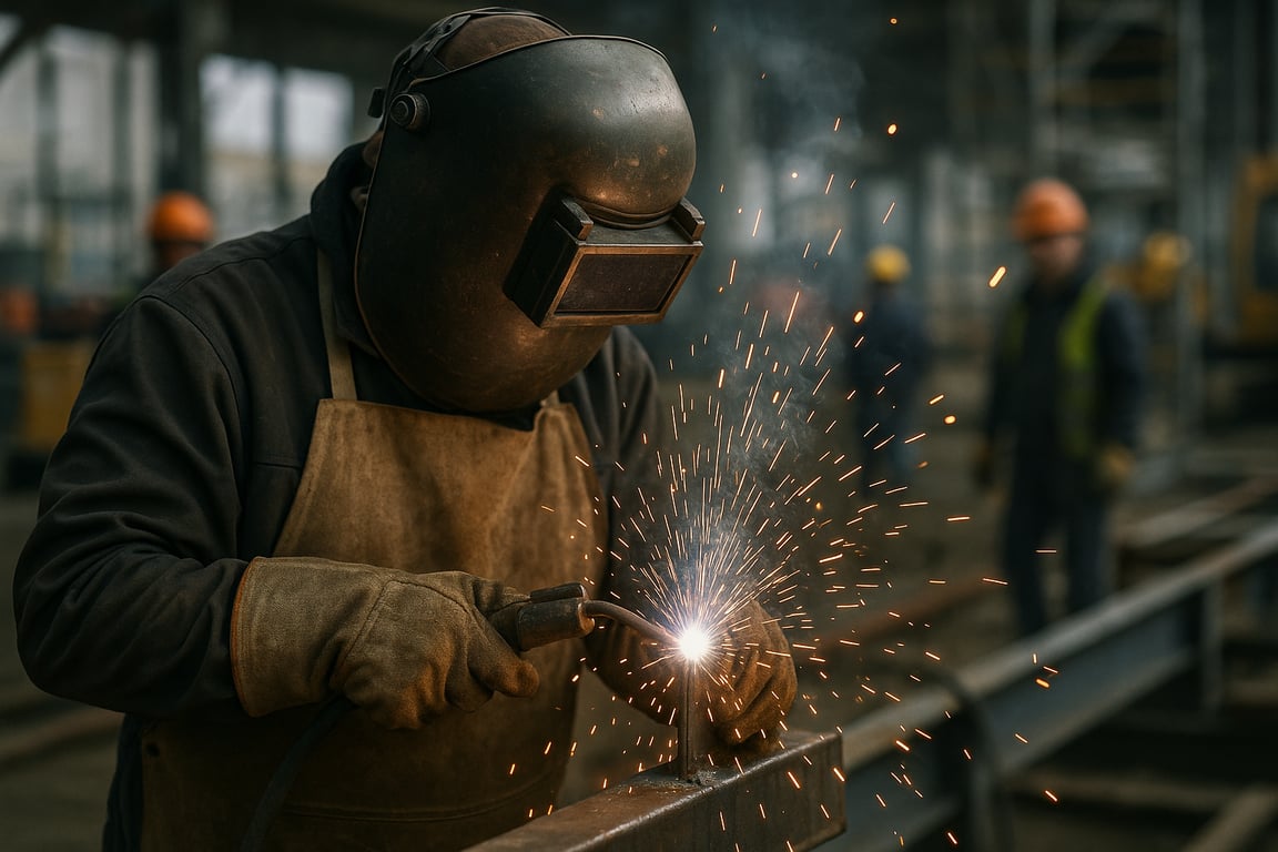 A photorealistic shot capturing a construction worker who is a welder wearing full protective gear, including a welding mask, gloves, and apron. Sparks are flying as the worker welds metal, and the background shows other construction workers and equipment. The lighting is bright and focused on the welding area, highlighting the intensity of the work.