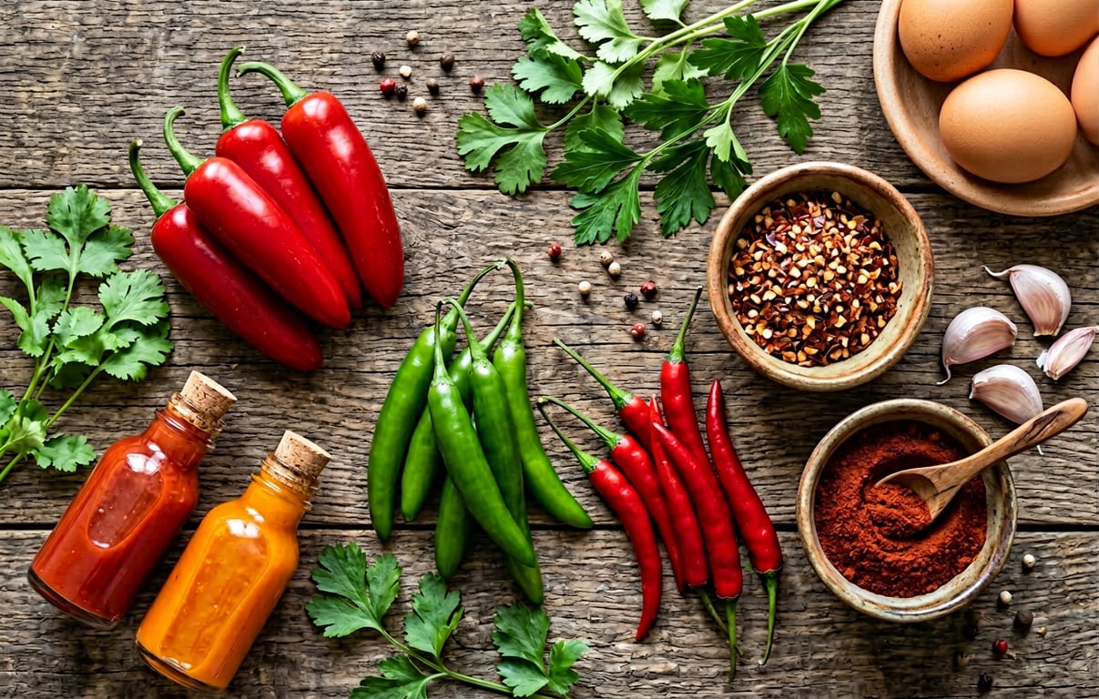 Varietate de ardei iuți proaspeți și condimente picante aranjate pe masă pentru prepararea ouălor umplute