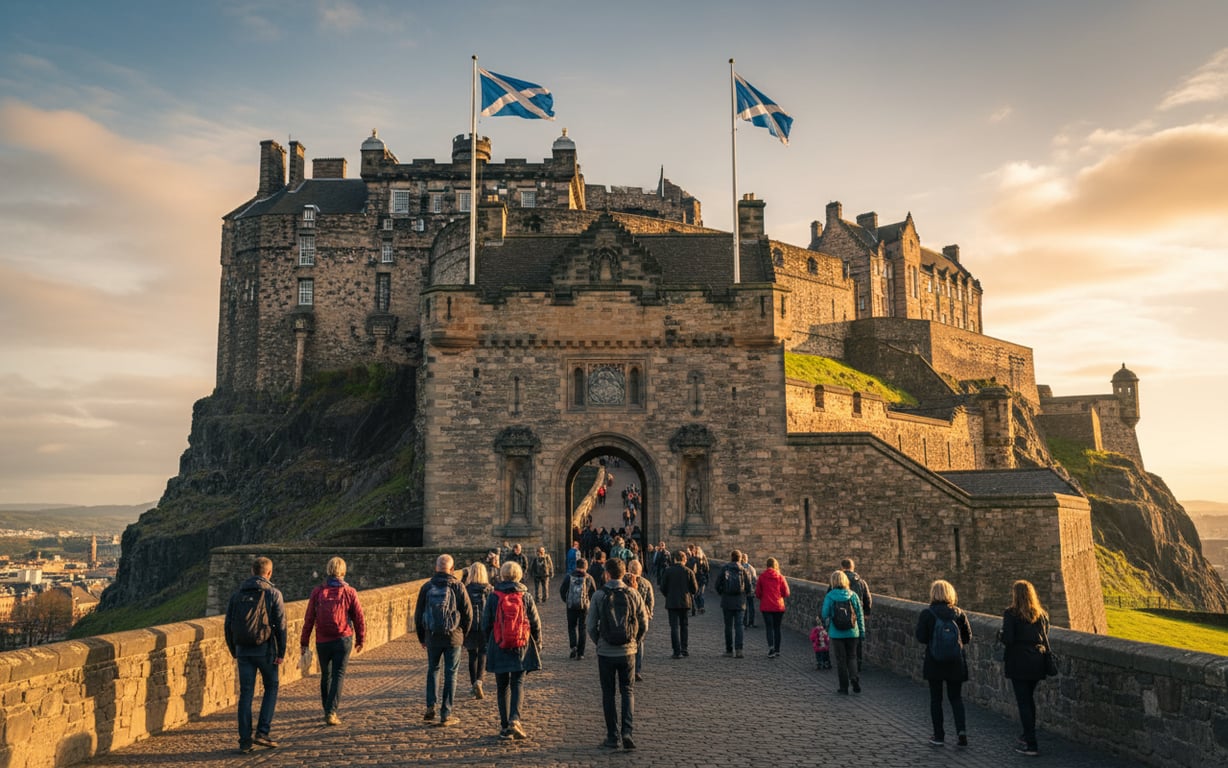 Intrarea principală în Edinburgh Castle cu turiști și steaguri scoțiene