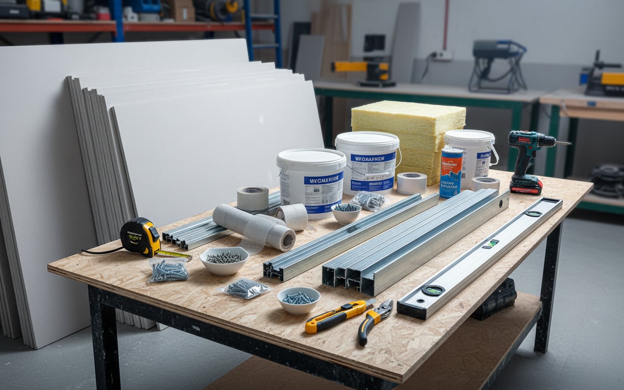 Materiale și unelte pentru construcția pereților din gips-carton organizate pe masă