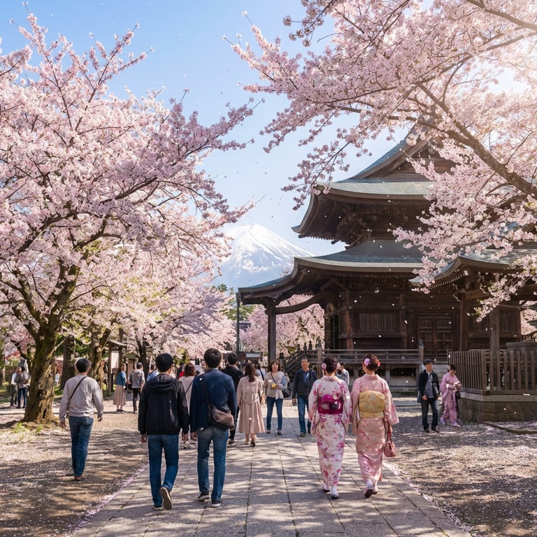 Flori de cireș în plină înflorire în Japonia cu turiști admirând peisajul