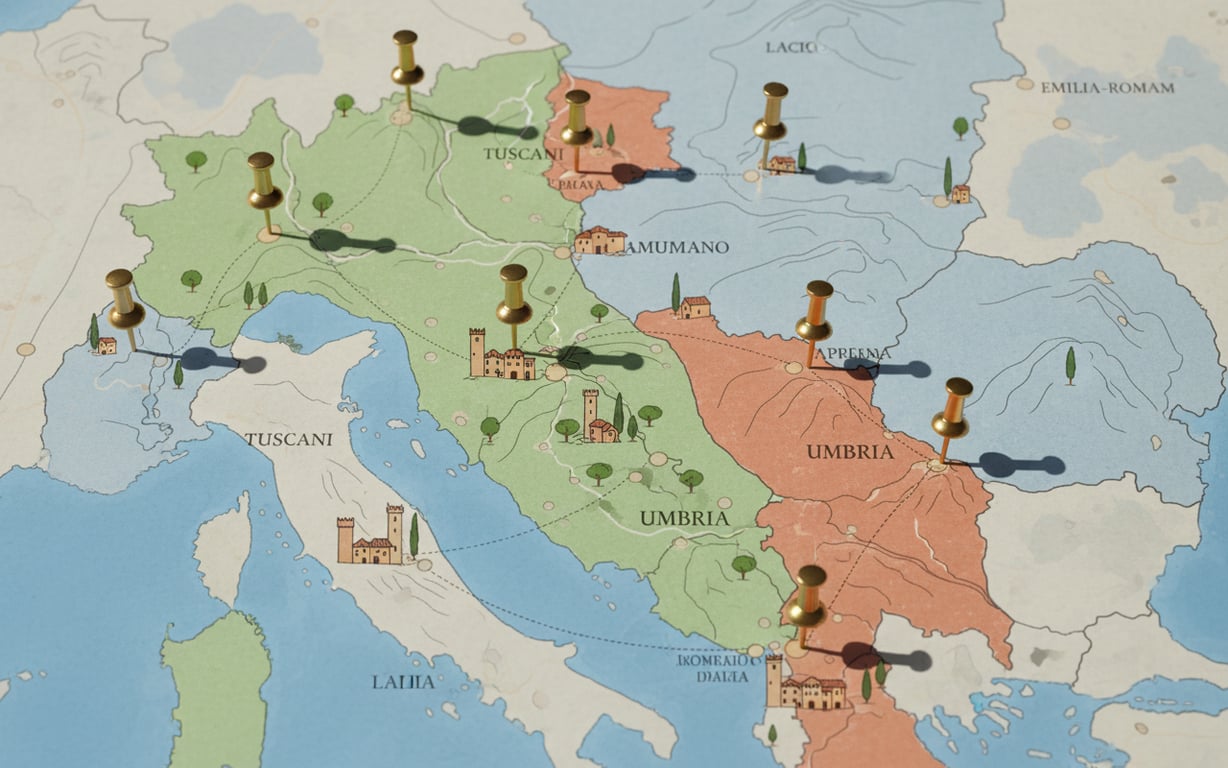 Hartă ilustrativă a Italiei centrale cu regiunile Toscana și Umbria evidențiate colorat