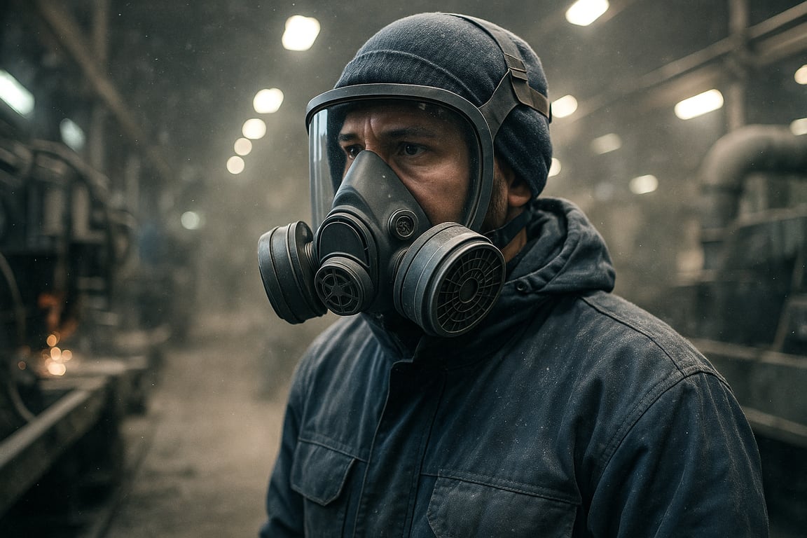 A photorealistic shot capturing a worker in a factory setting wearing a full-face respirator and protective gear, surrounded by machinery and dust particles in the air, illuminated by industrial lighting, emphasizing the importance of respiratory protection in hazardous environments, with a focus on safety and prevention.
