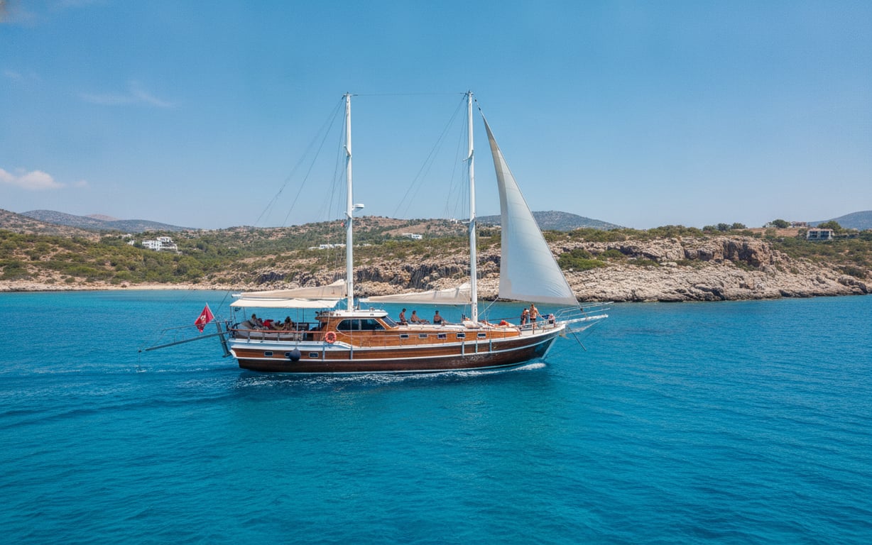 Gulet tradițional turcesc navigând pe Marea Egee lângă Bodrum