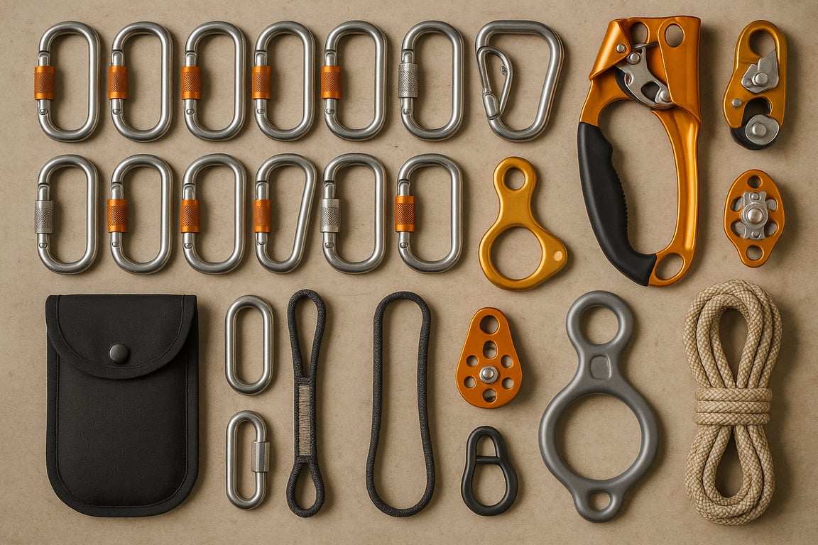 A well-organized utility climbing gear setup, featuring carabiners, ascenders, descenders, and other essential accessories neatly arranged on a work surface, showcasing the variety and importance of these tools in ensuring safety and efficiency during climbing operations, with a focus on the quality and functionality of each item.