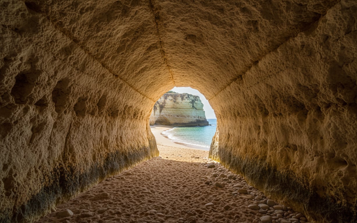 Tunel săpat în stâncă ce duce spre o plajă ascunsă din Algarve