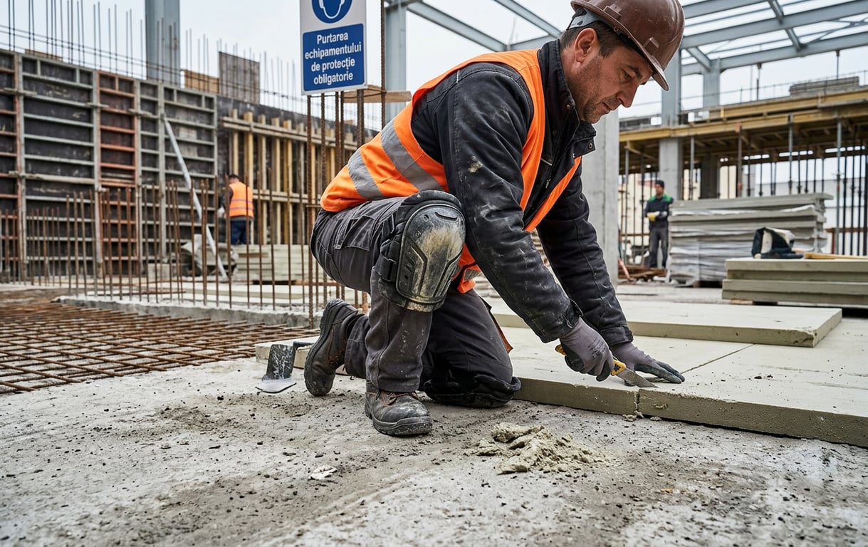 Muncitor in <b>constructii</b> folosind <b>genunchiere profesionale</b> pe santier de beton
