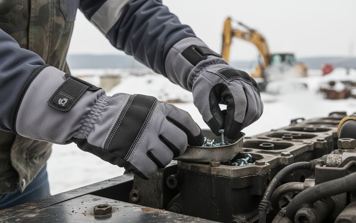 Muncitor testând dexteritatea mănușilor de lucru pe șantier în iarnă