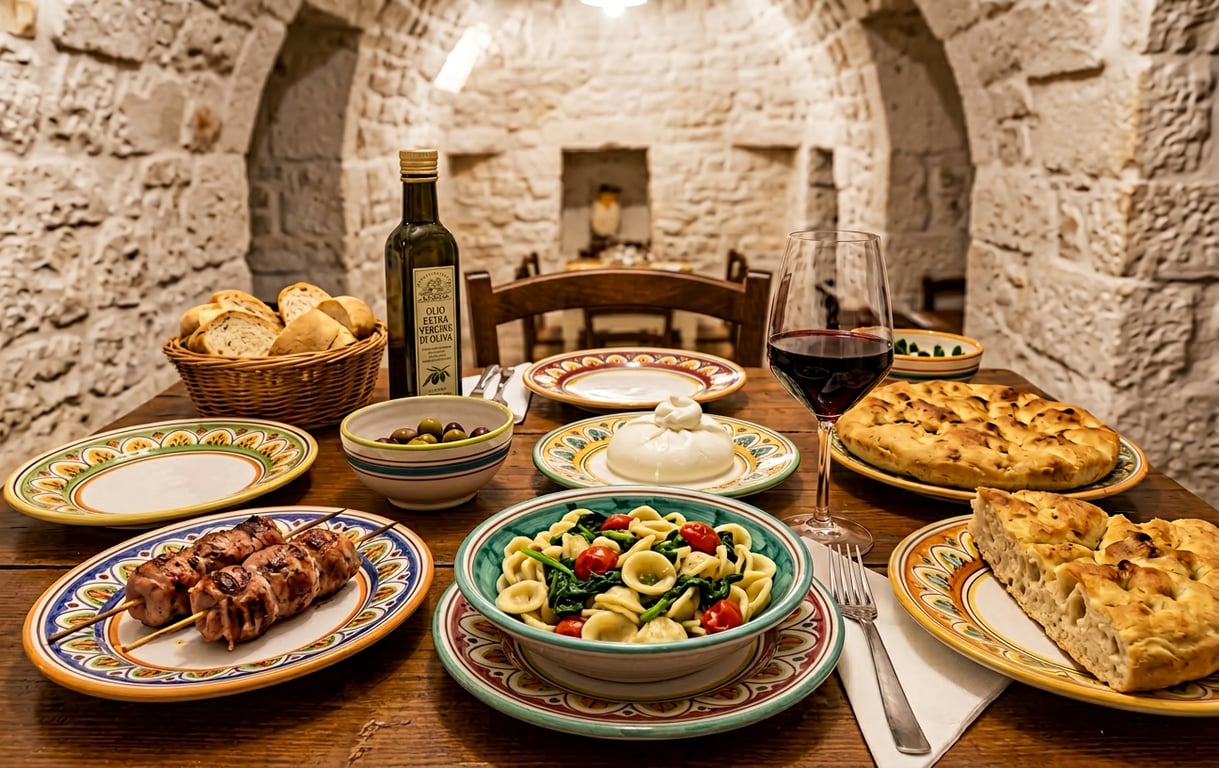 Specialități culinare tradiționale din Puglia servite într-un restaurant trullo din Alberobello