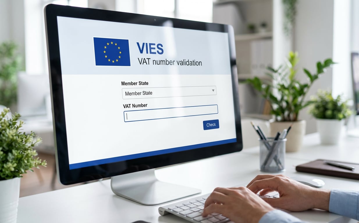 Interfejs systemu VIES z weryfikacją europejskiego numeru VAT na ekranie komputera