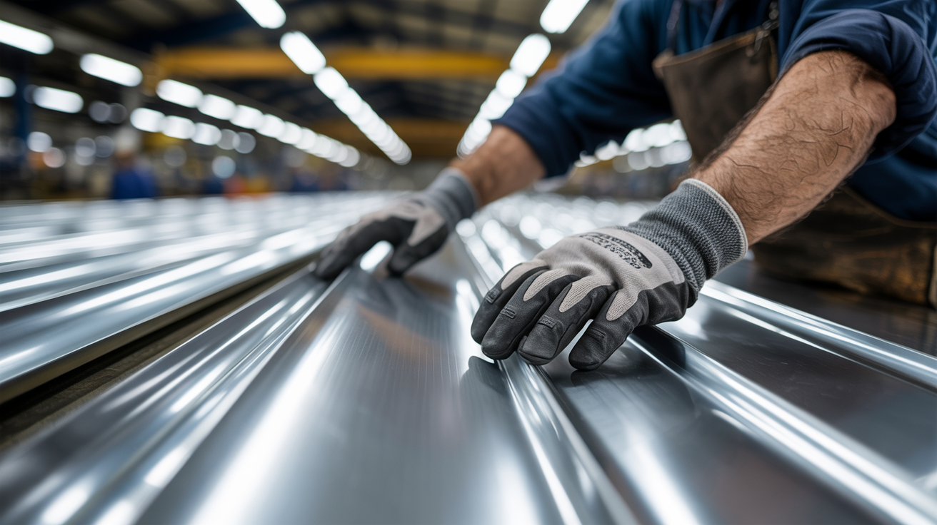 A close-up shot of a worker's hands wearing cut-resistant gloves while handling sharp metal sheets in a factory setting, with bright overhead lighting, showcasing the gloves' protective features and the precision required in the task, emphasizing safety and quality in industrial environments.