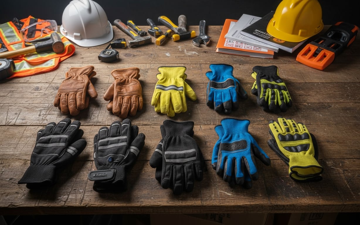 Diferite tipuri de mănuși de protecție pentru construcții aranjate pe masă