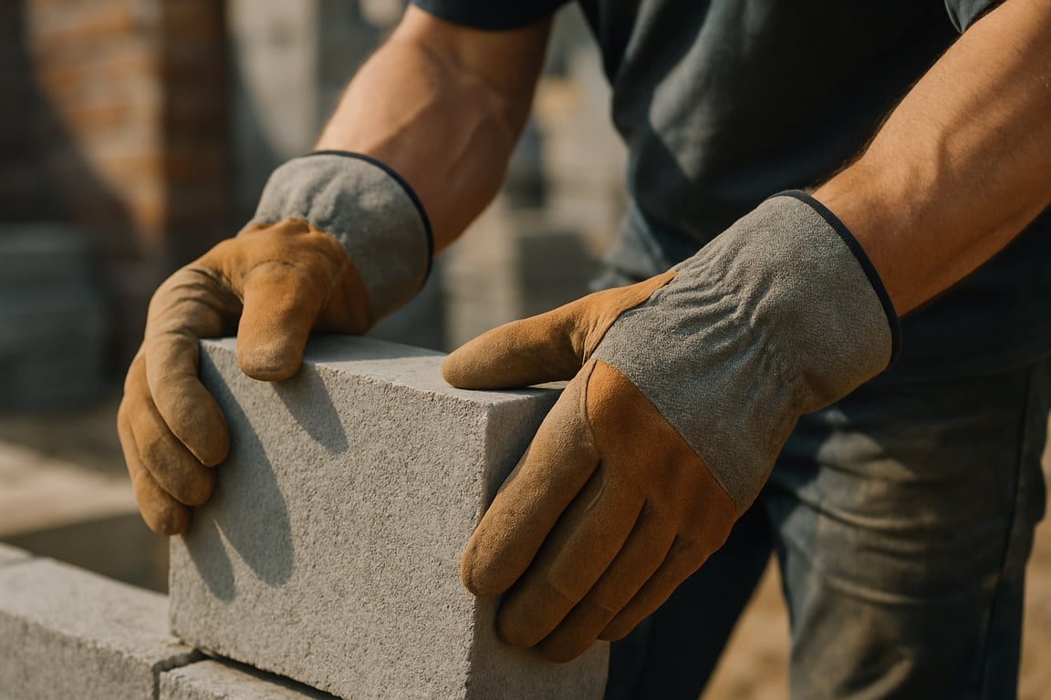 A close-up photorealistic shot capturing a worker's hands wearing protective gloves while handling construction materials. The gloves are durable and provide a secure grip. The background is slightly blurred to focus on the hands and the materials being handled. The lighting is natural and highlights the texture of the gloves and materials.