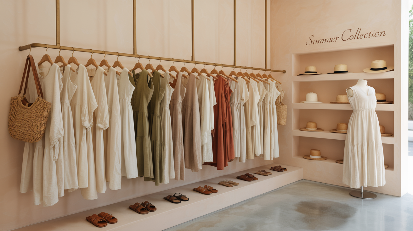 Μια μπουτίκ με ρούχα και αξεσουάρ, έμφαση στις στρατηγικές πωλήσεων.