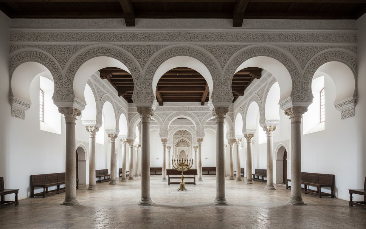 Interiorul Sinagogii Santa María la Blanca din Toledo, cu arcade albe în stil mudéjar