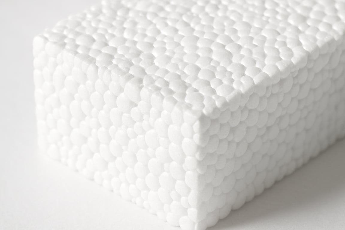 A close-up, detailed shot of expanded polystyrene (EPS) material, showcasing its cellular structure with visible air pockets, bright studio lighting to highlight texture, focus on the interconnected beads forming the insulation, clean background, illustrating the lightweight and porous nature of EPS, emphasizing its thermal insulation properties.