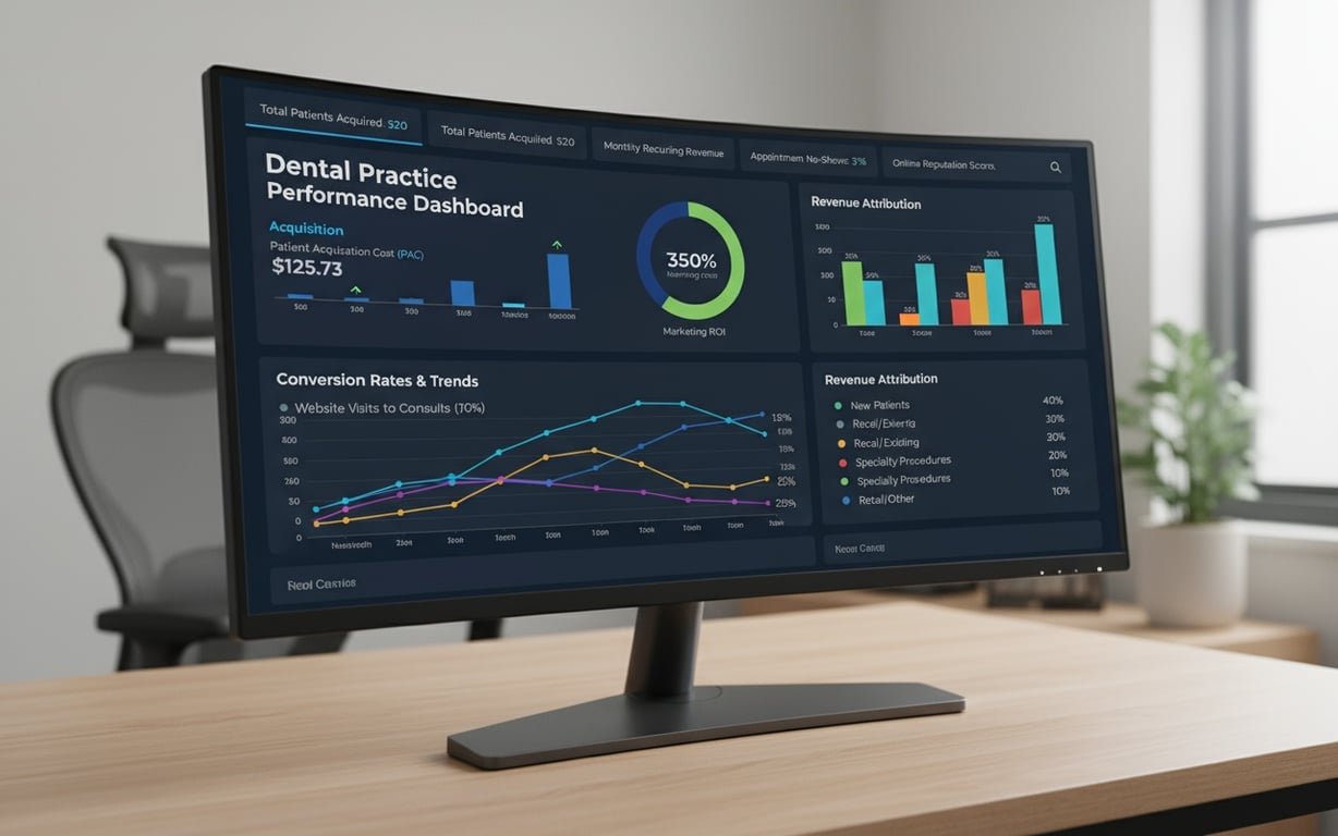 Marketing analytics dashboard showing dental practice ROI and performance metrics