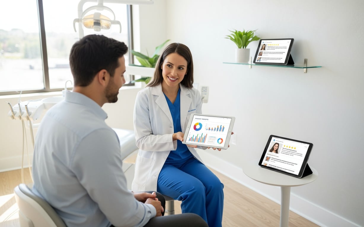 Modern dental office with digital marketing elements and patient consultation