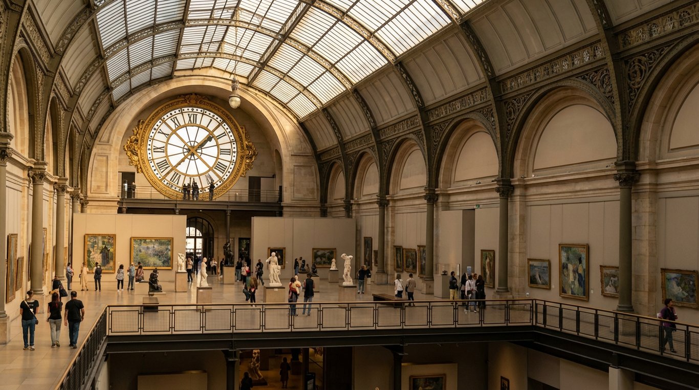 Interiorul Muzeului Orsay cu ceasul iconic și galeria de artă impresionistă plină de vizitatori