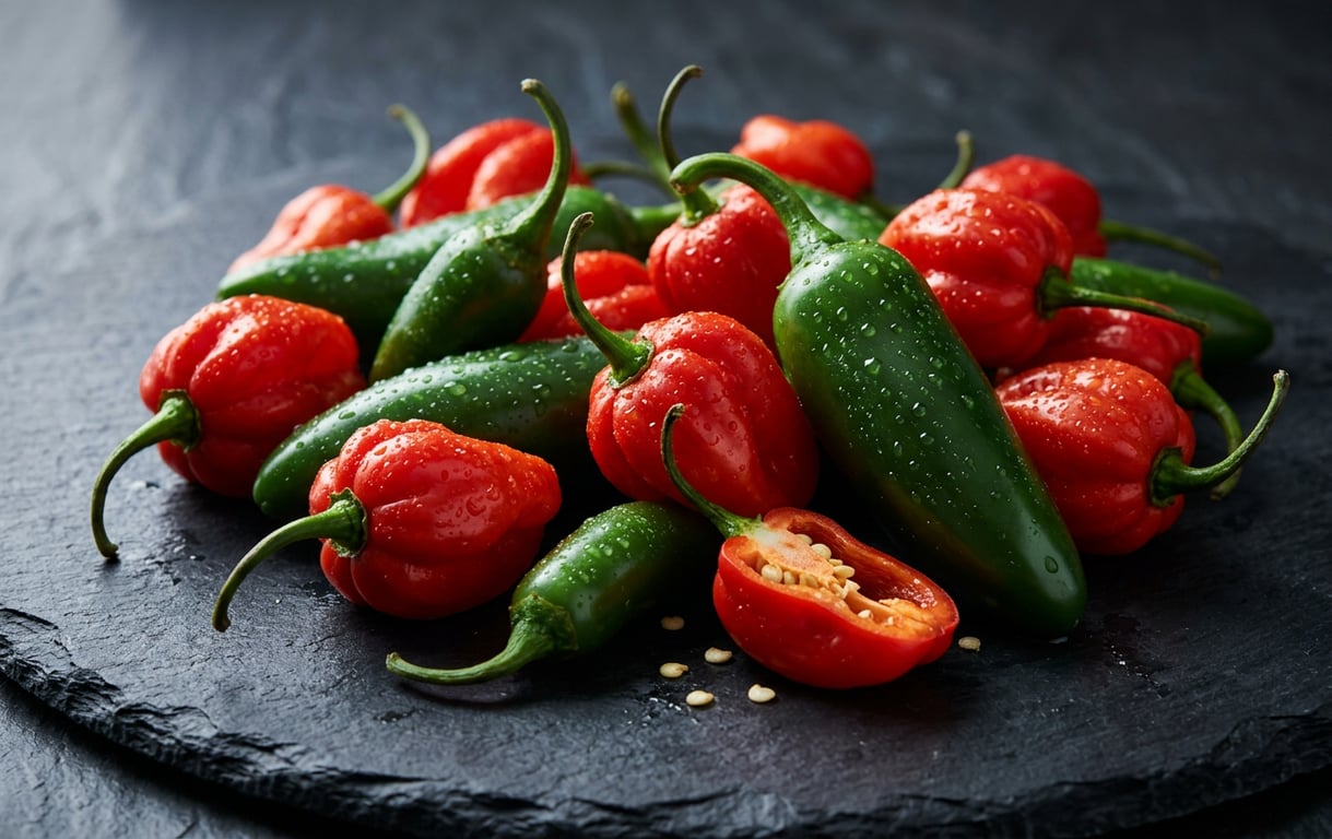 Ardei iuți roșii proaspeți Habanero și Jalapeño pe fundal întunecat