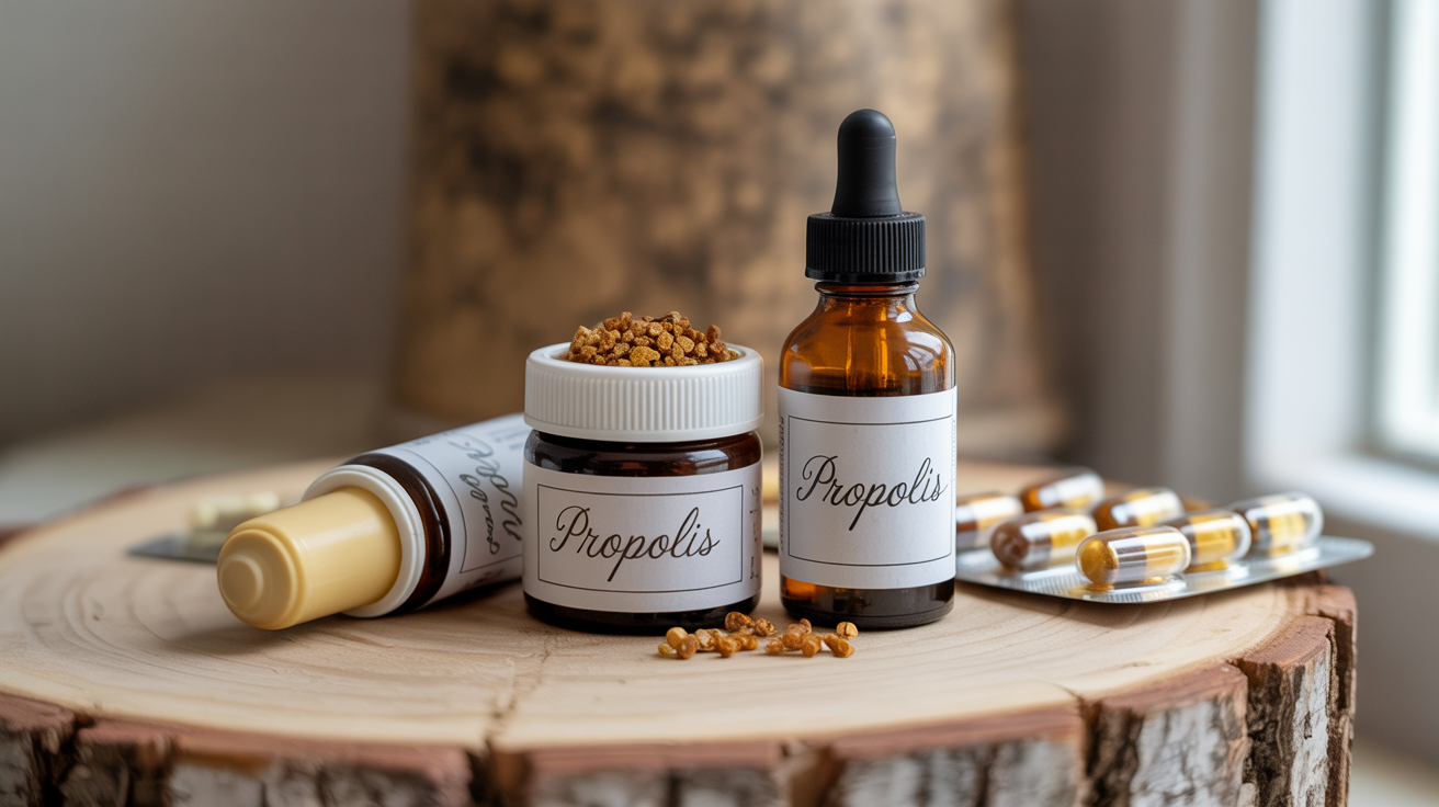 Diverse forme de propolis: tinctură, capsule, granule și cremă.