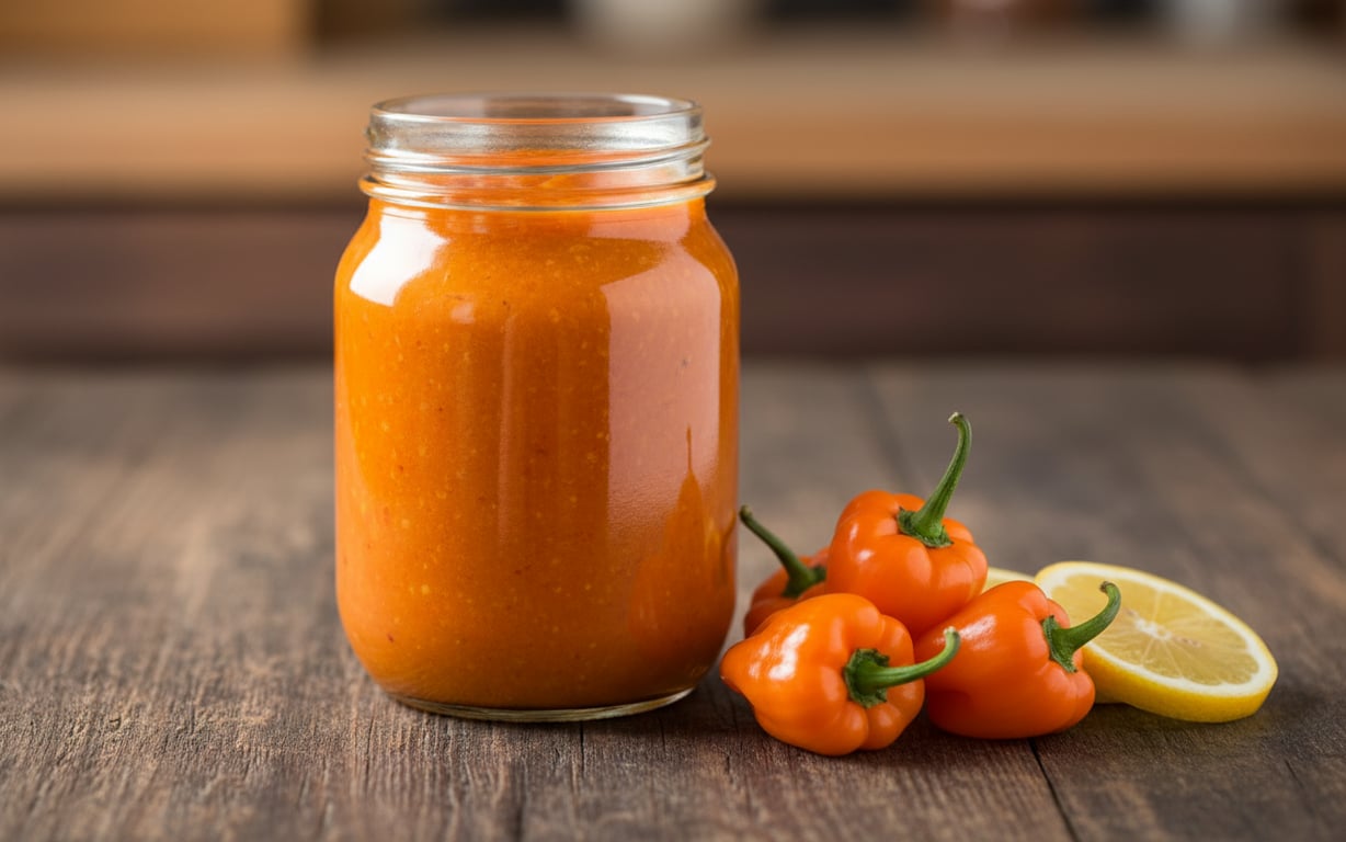 Borcan cu sos habanero portocaliu lângă ardei proaspeți și lămâie