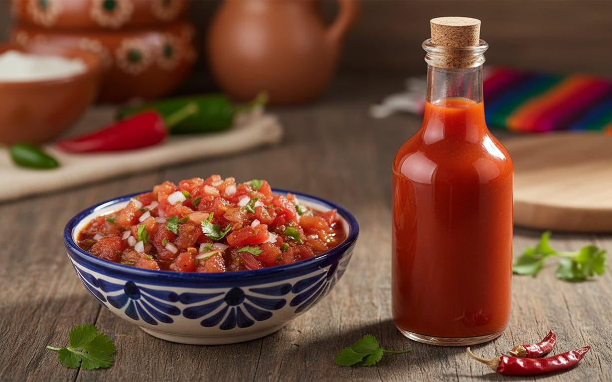 Comparație vizuală între salsa cu bucăți și sos picant lichid