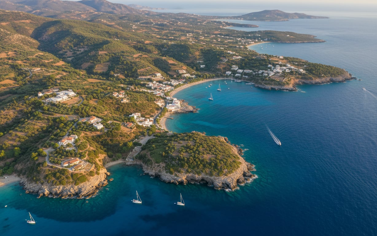 Vedere panoramică asupra insulei Rodos cu mare albastră și peisaj mediteranean