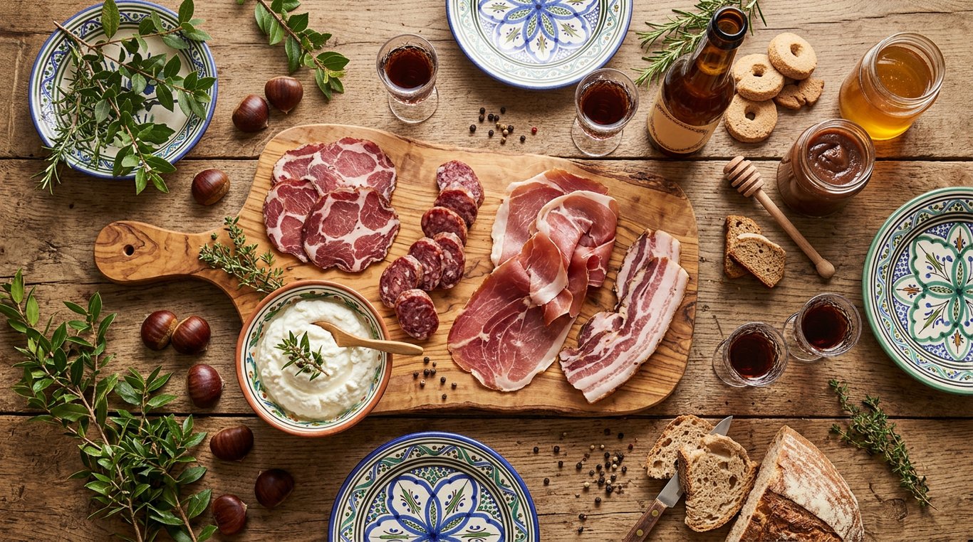 Specialități culinare corsicane tradiționale cu mezeluri, brânză brocciu și produse locale
