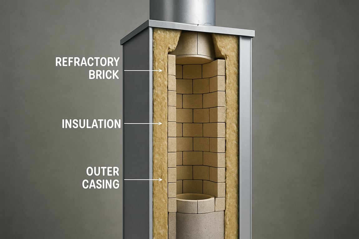 A photorealistic shot capturing a cross-section of a well-insulated chimney system, showing the layers of refractory brick, insulation, and outer casing, with a focus on the vertical design and proper ventilation, photographed in a technical style with clear labeling of the components.
