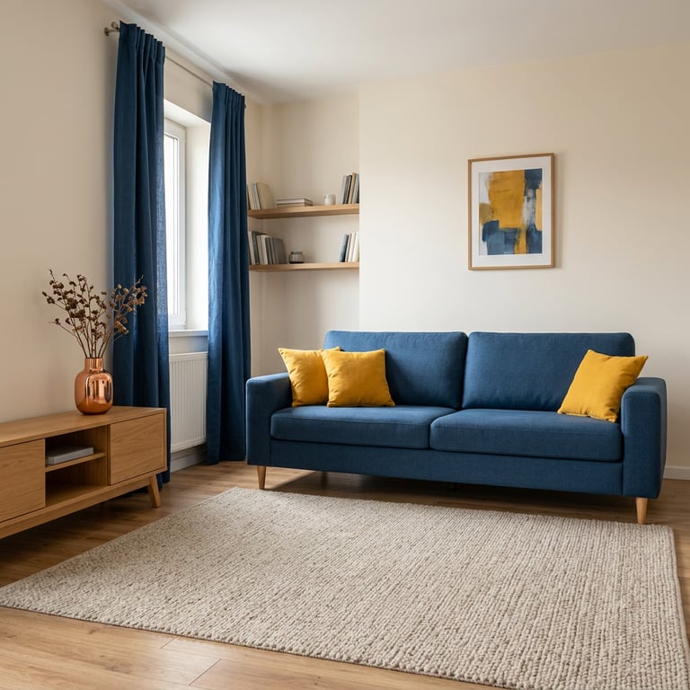Living modern ilustrând regula 60-30-10 cu pereți neutri, canapea colorată, accente.