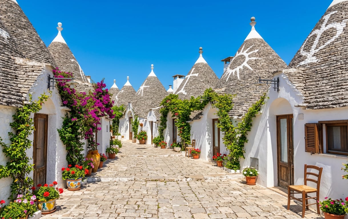 Case trulli tradiționale cu acoperișuri conice din piatră în Alberobello, Puglia